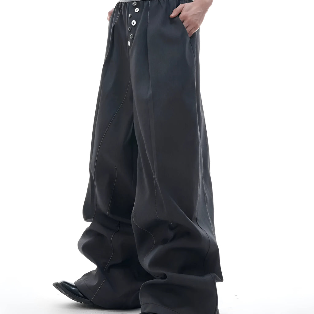 Drooping straight-leg suit pants in black with button open line design and high-waisted fit