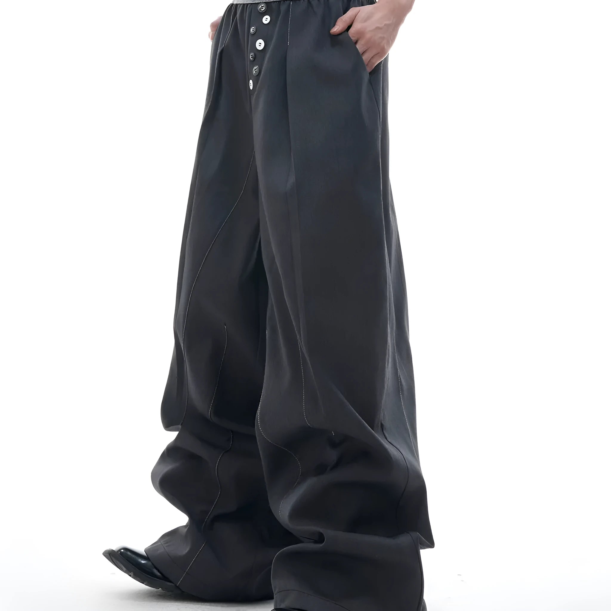 Drooping straight-leg suit pants in black with button open line design and high-waisted fit
