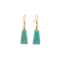 A pair of trapezoid-shaped rough amazonite earrings on a gold and silver background.