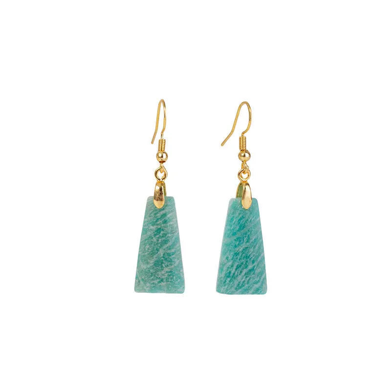 A pair of trapezoid-shaped rough amazonite earrings on a gold and silver background.