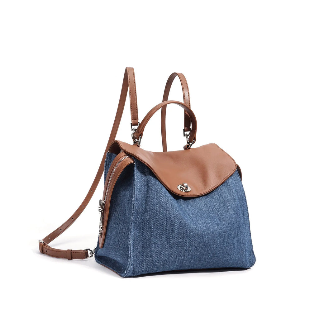 Blue denim Korean style lazy backpack with first layer cowhide trim clamshell opening