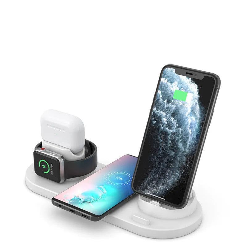 Black and white 6-in-1 wireless charging mobile phone holder showing adjustable stand and charging ports