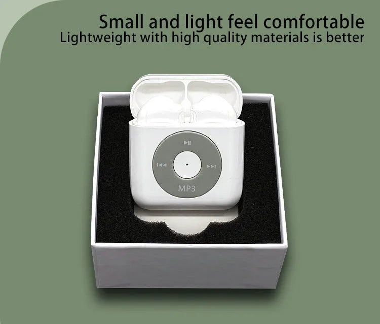 White wireless Bluetooth earphones with semi-in-ear design and a matching charging case on a white background.