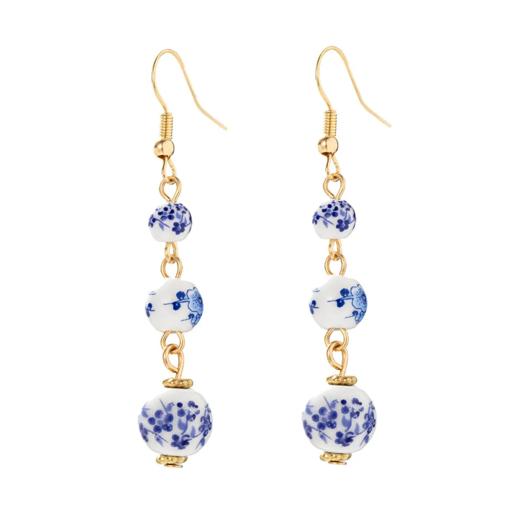 Blue and white porcelain ceramic bead geometric retro earrings with alloy electroplated finish