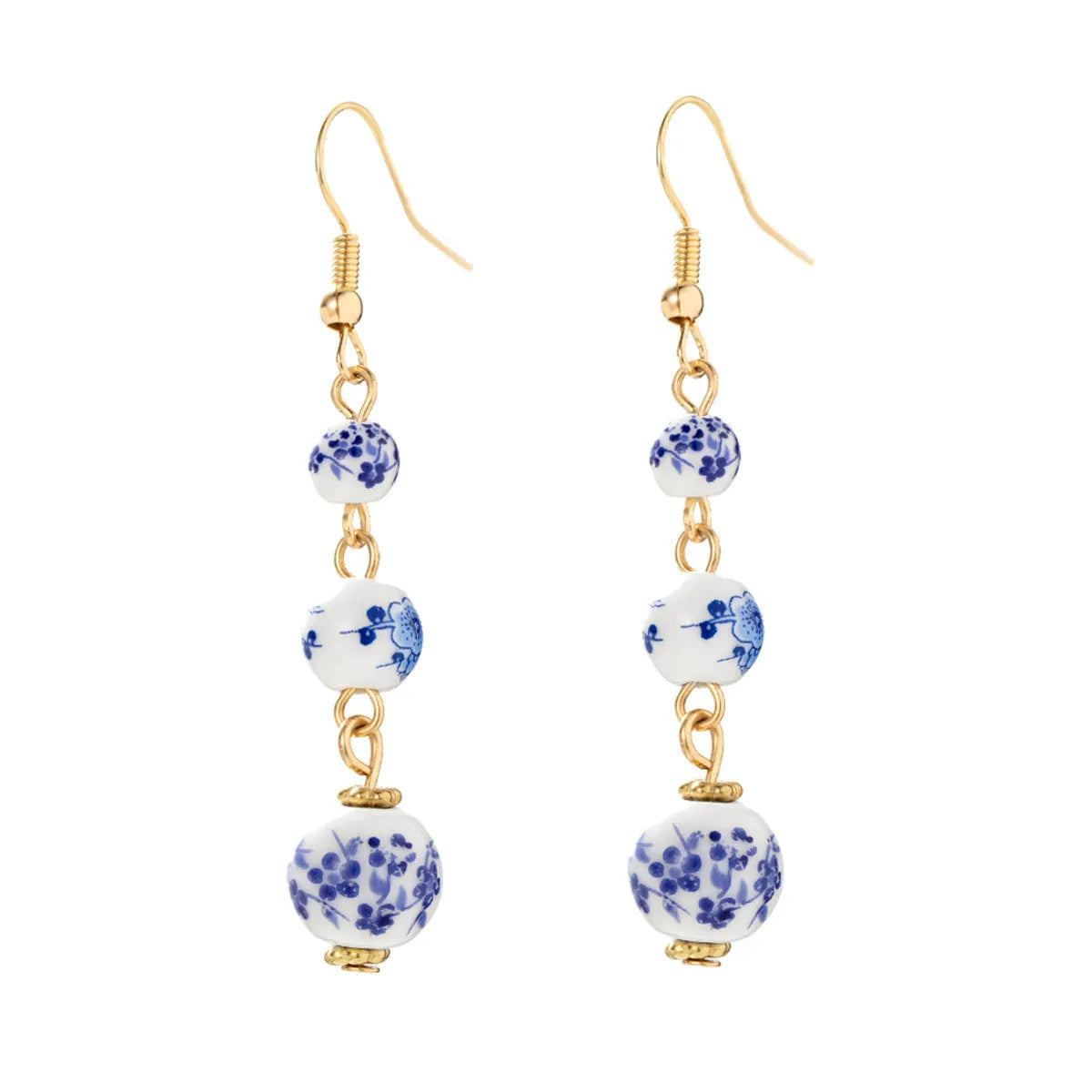 Blue and white porcelain ceramic bead geometric retro earrings with alloy electroplated finish