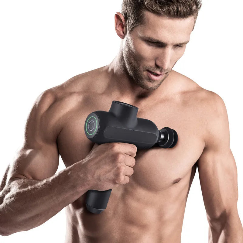Black rechargeable muscle massager with six massage heads showing gear settings and dimensions