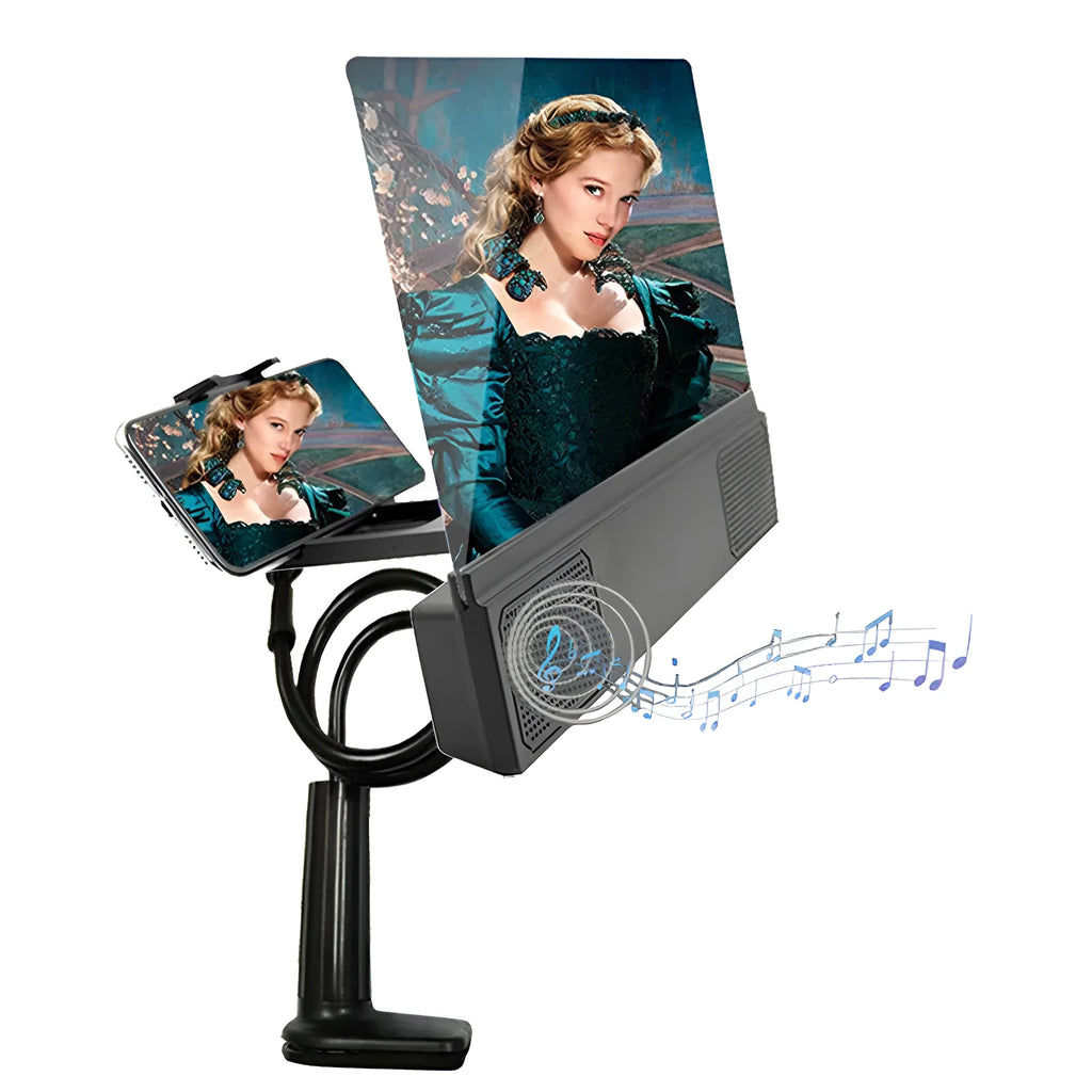 12-inch mobile phone screen amplifier with gooseneck stand and built-in speakers