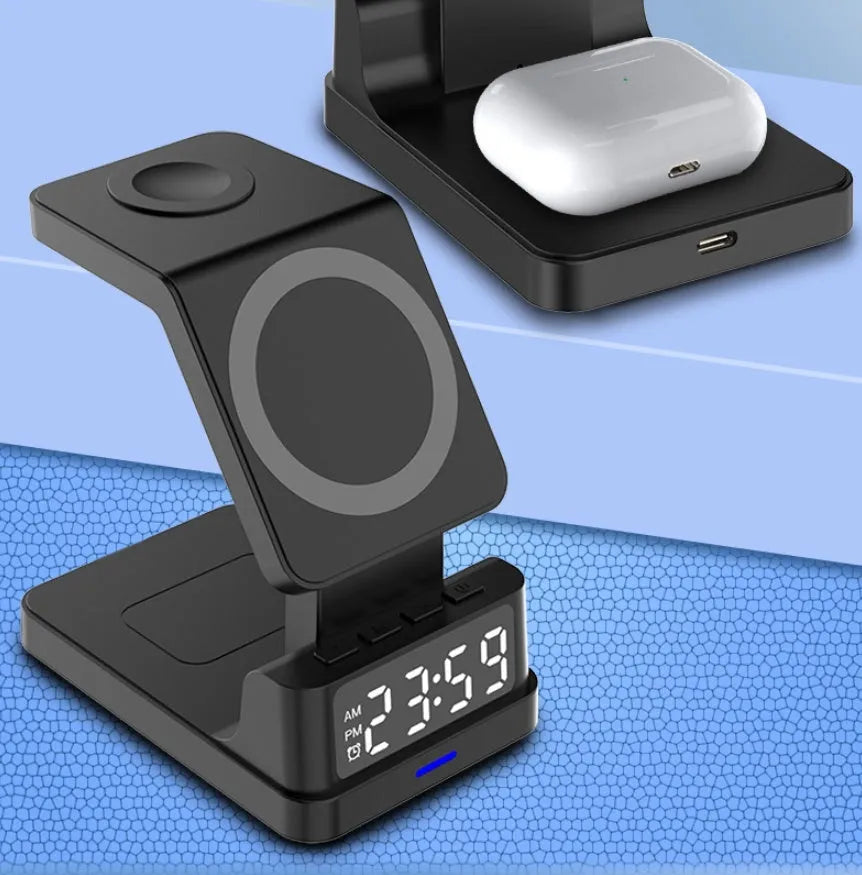 Black magnetic three-in-one wireless charger with clock on desk charging phone, watch, and earbuds