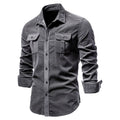 Men's linen casual shirt with long sleeves shown in denim blue colour option