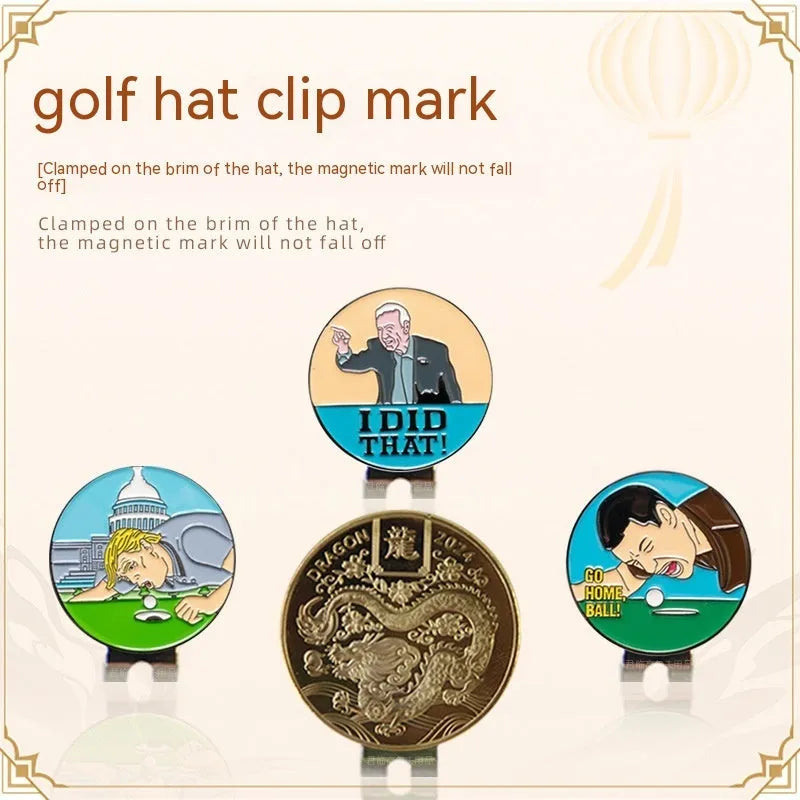 Zinc alloy golf hat clip with personalised painted metal designs including Dragon Year pattern.