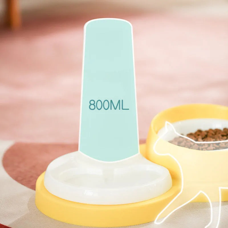 Grey and yellow dual-bowl pet feeder for cats and dogs with ceramic inserts