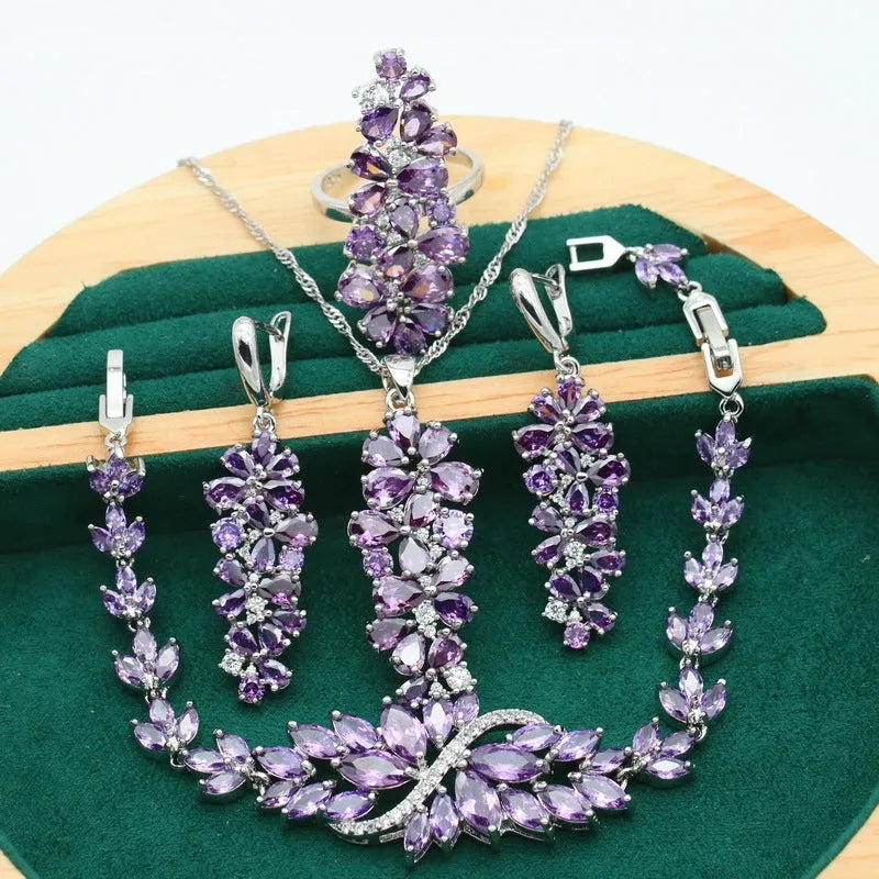 Retro copper alloy jewelry set with zircon floral pattern in olive and purple colors