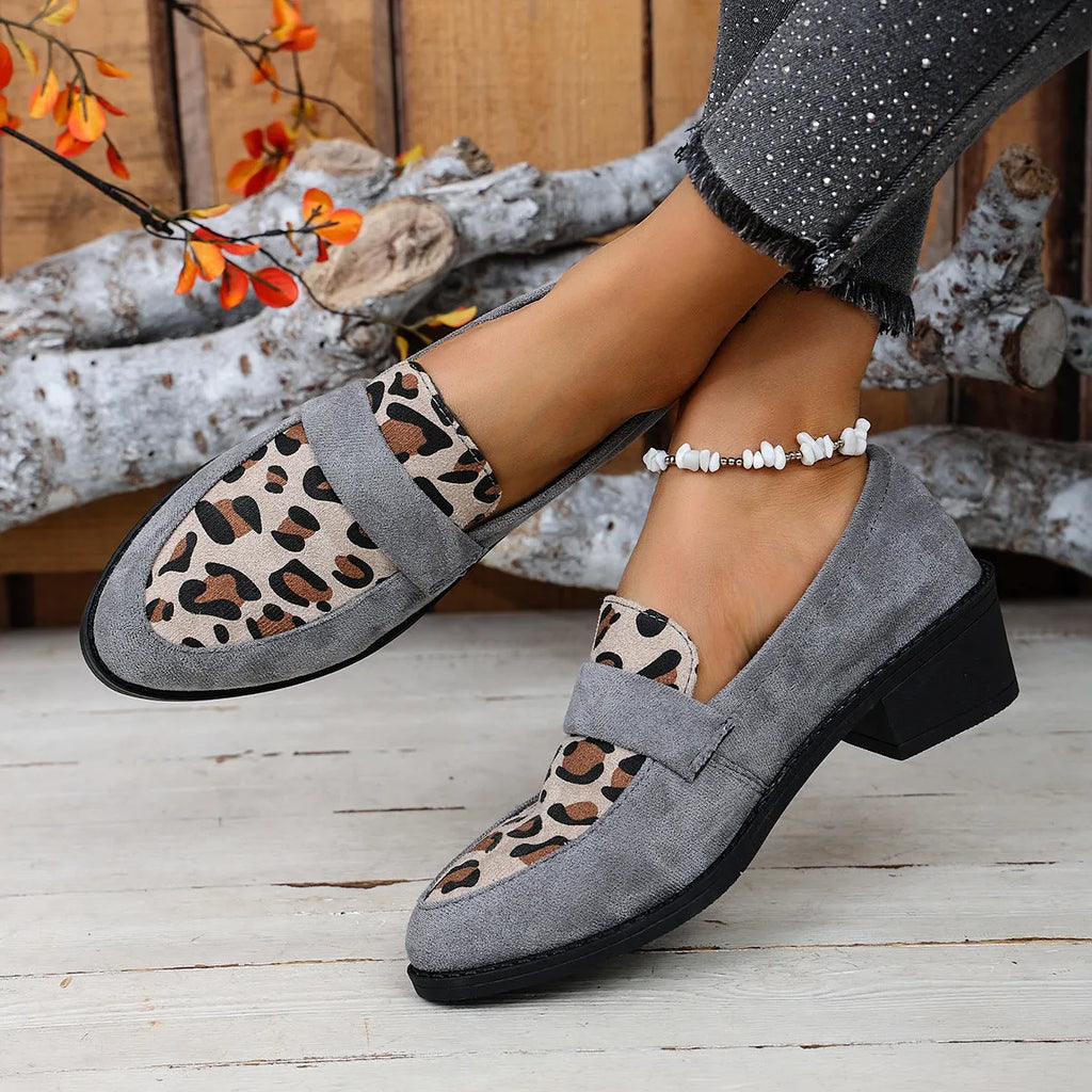 Leopard print slip-on suede shoes with chunky mid heel and pointed toe in brown colour