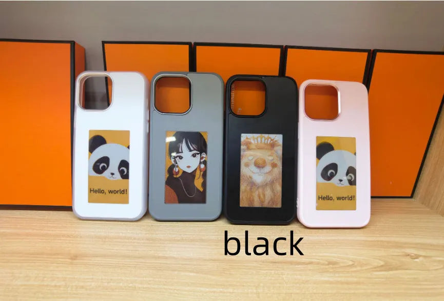 Four-colour e-ink projection phone case for iPhone in white, pink, black, and gray TPU