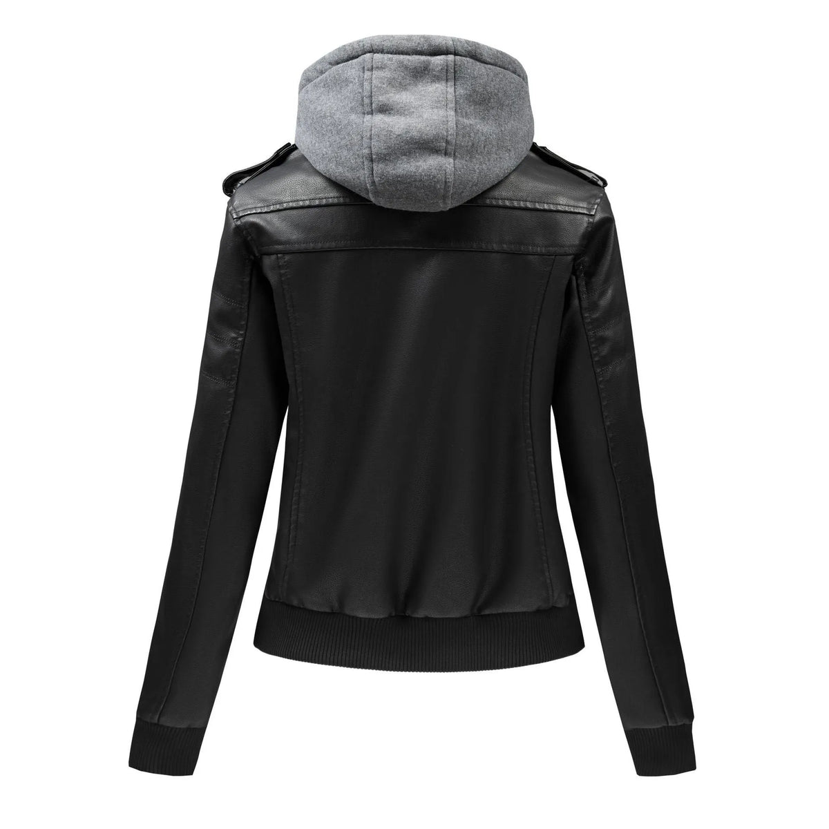 Women's faux leather motorcycle jacket in black, loose fit, sizes S to XXL, with pocket and no fur collar