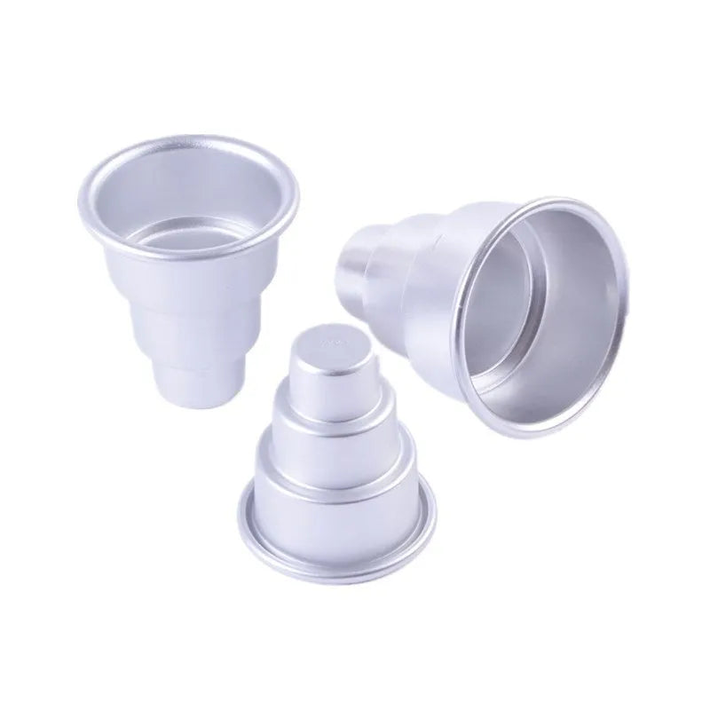 Silver aluminium alloy mini three-layer cake mould for fondant, shown in large, medium, and small sizes.