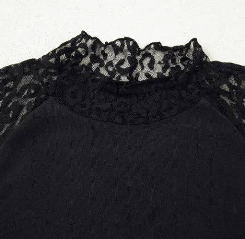 Black knitted long-sleeved top with leopard print mesh stitching for women