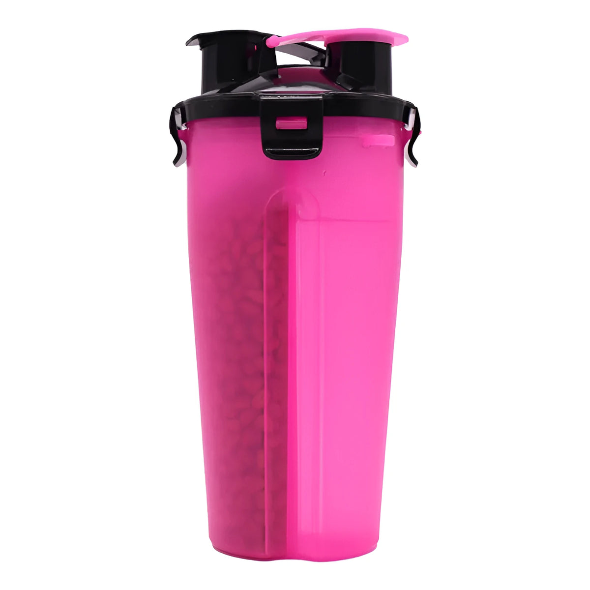 White portable pet water and food cup with bowl attachment on grass.