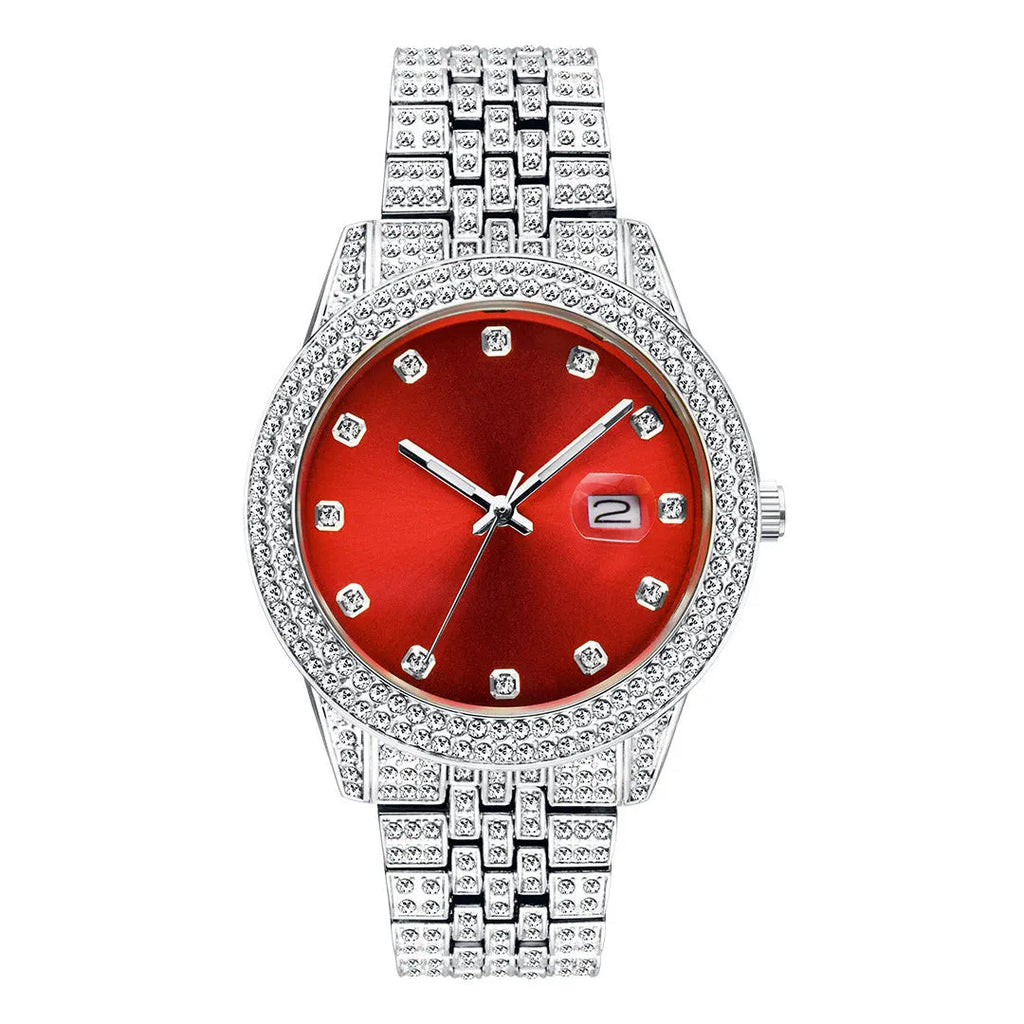 Men's quartz watch with calendar function, alloy case, 10mm thickness, multiple colour options including gold and green