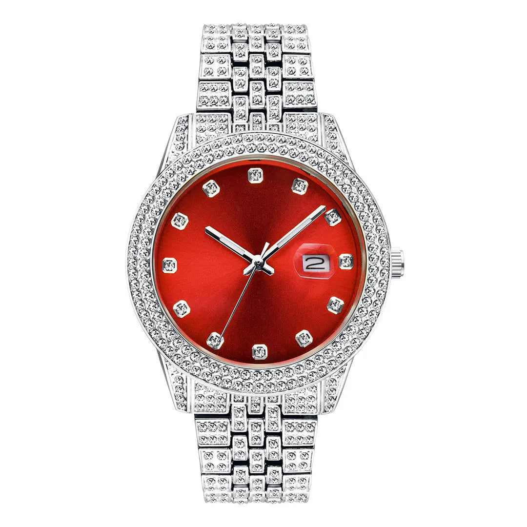 Men's quartz watch with calendar function, alloy case, 10mm thickness, multiple colour options including gold and green
