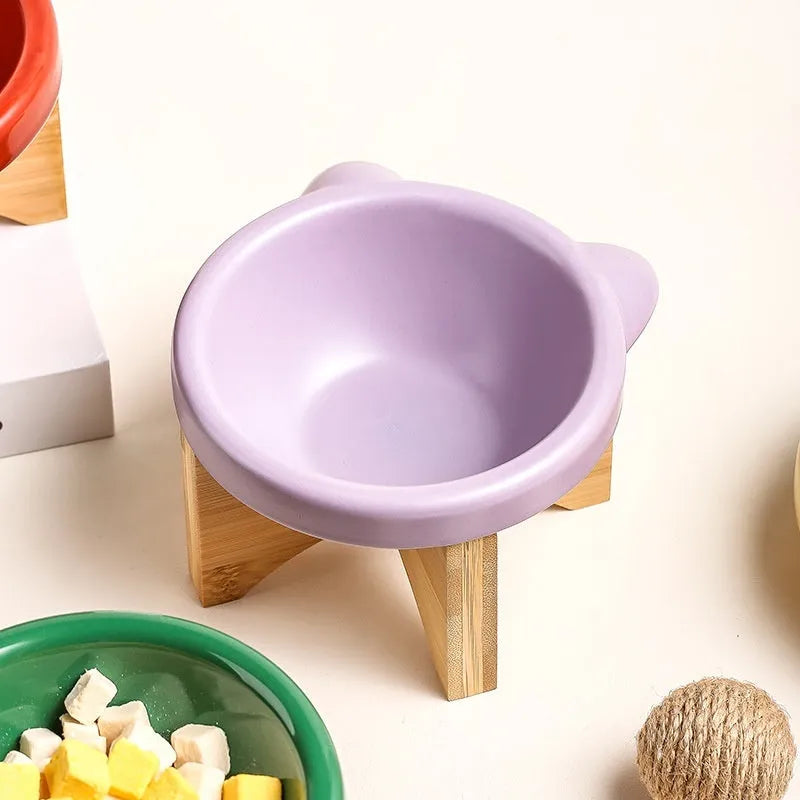 Porcelain cat bowl in matte purple, bright red, or light green, single or double grid pet tableware