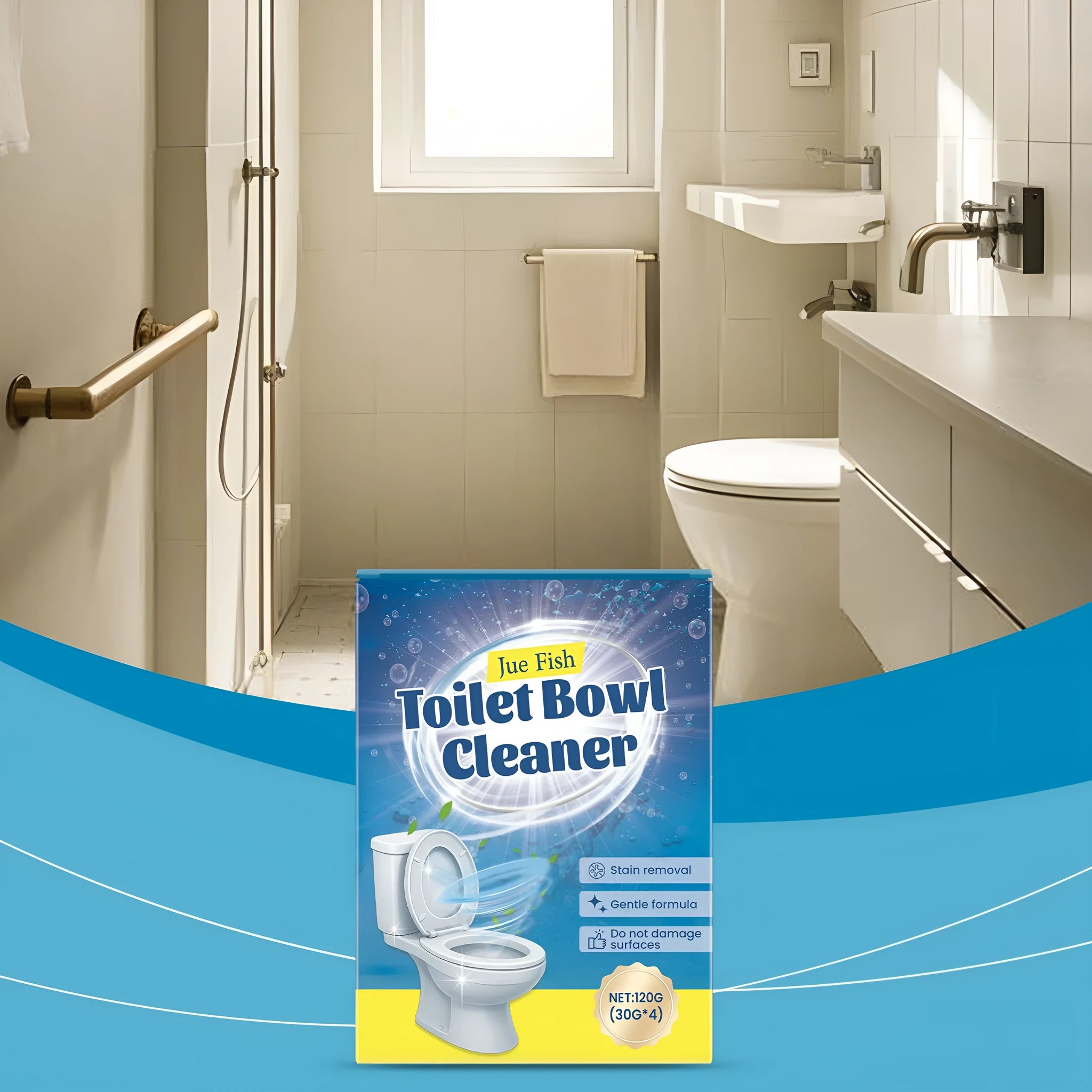 Toilet cleaning powder in 120g package with four individual 30g units for descaling and stain removal
