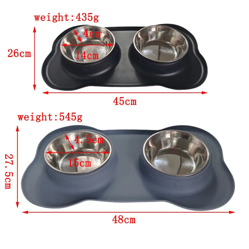 Large silicone dog bowl with stainless steel insert in blue, showing double-bowl design.