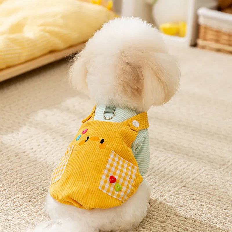 Two-legged dog overalls suit in polyester, shown in Rock Yellow Chicken and Lomi Brown Tiger, sizes XS to XXL for autumn and winter pet clothing.
