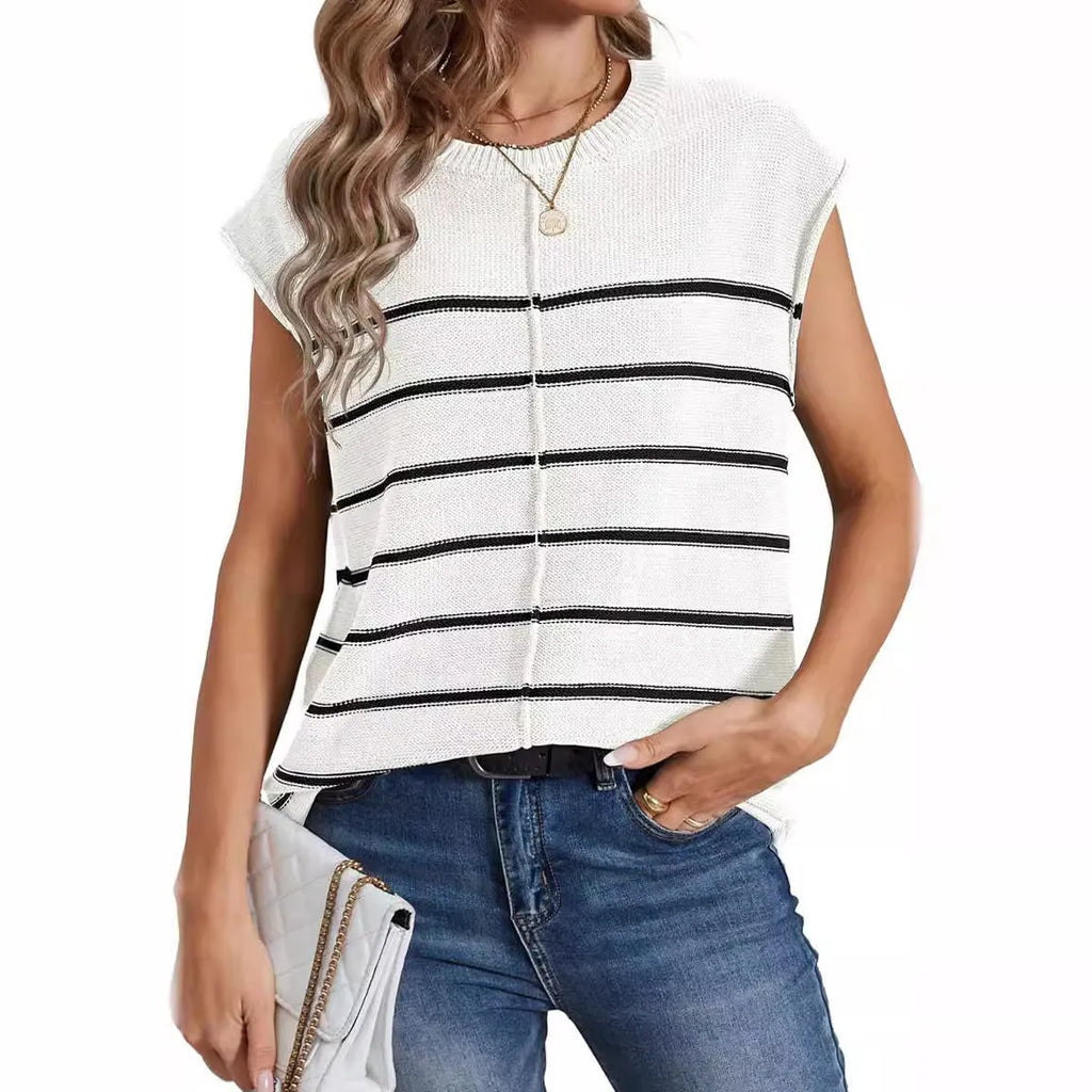Women's striped sleeveless vest pullover top in acrylic fabric on a hanger