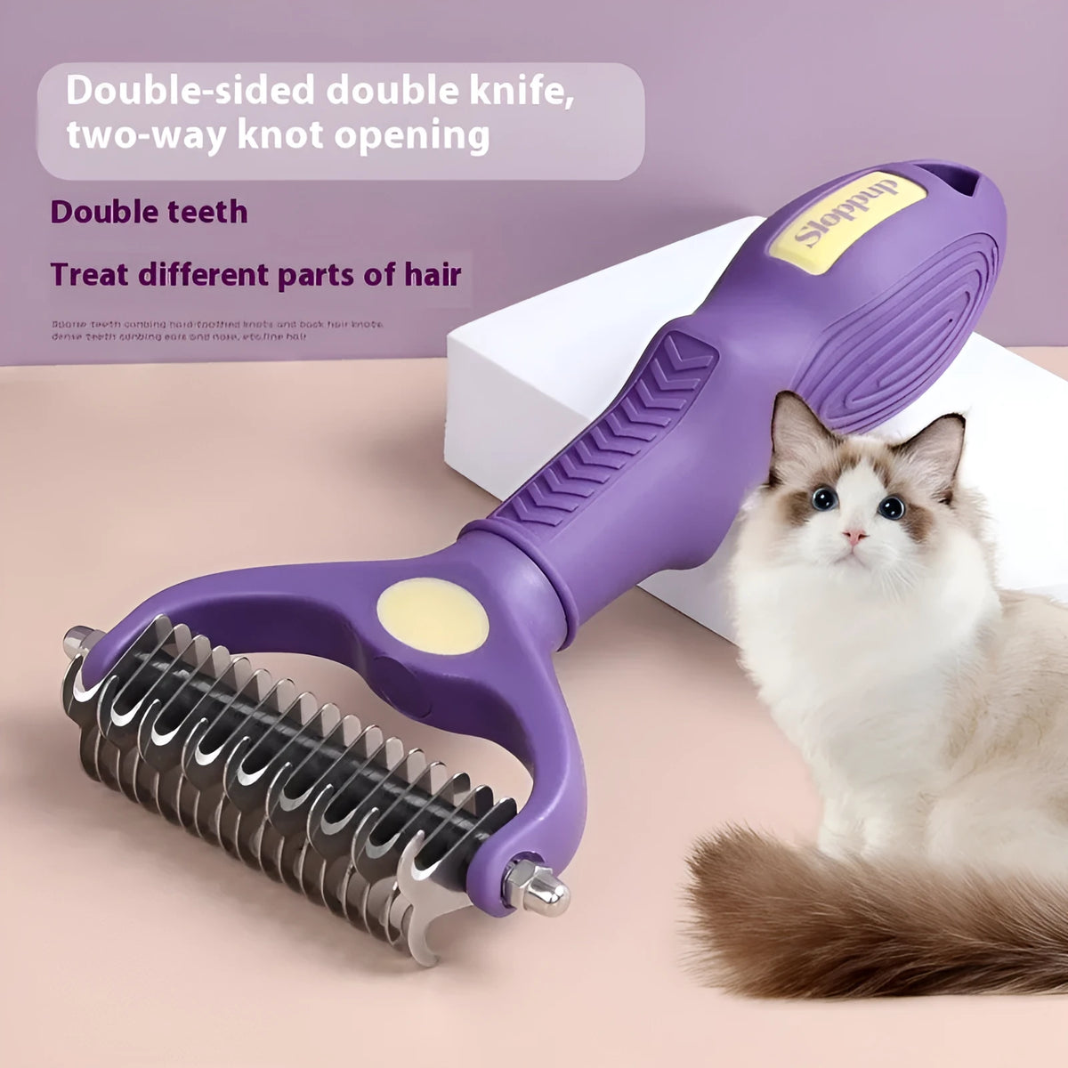 Purple double-sided plastic pet comb for dogs and cats used for knot untying and grooming