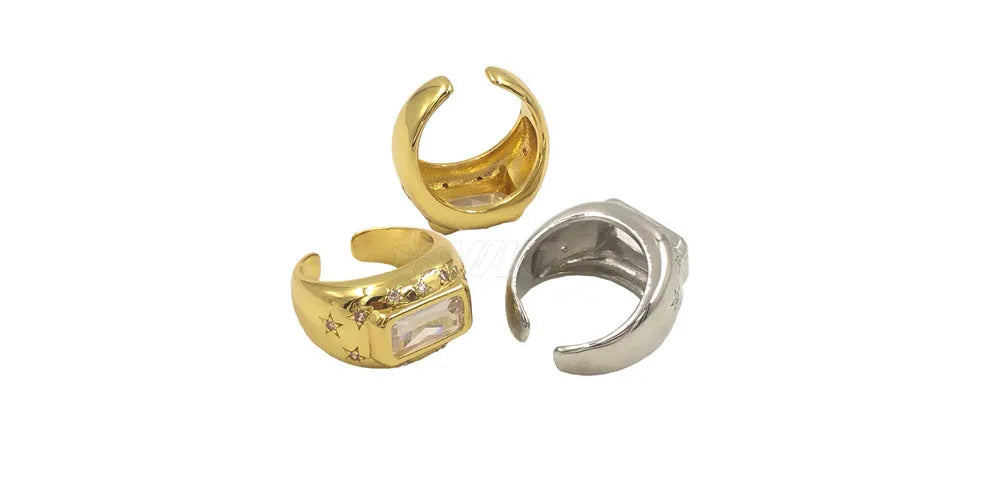 Gold and silver colour copper open ring with rectangular zircon inlay and drop-shaped double ring design