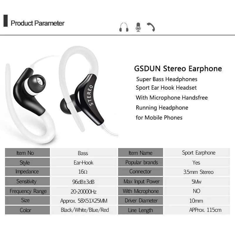 Wired earhook headphones with 3.5mm plug, microphone, 1.2m cable, available in five colours