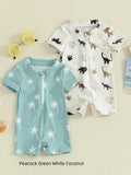 Children's polyester swimsuit in peacock green white coconut tree print and ivory white black coffee dinosaur print, sizes 70-110