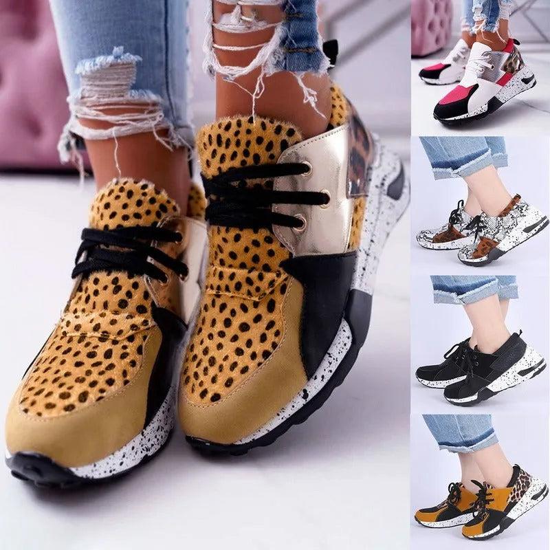 Women's suede flat sneakers with a wedge heel in black, leopard, pink, panther, and snake pattern colour options