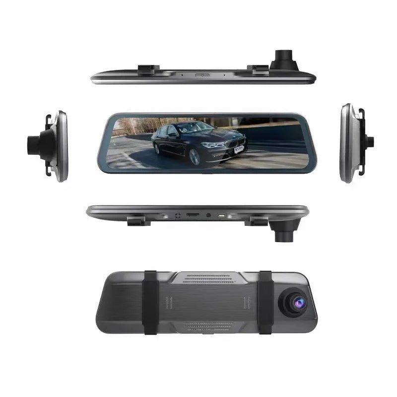 Black rearview mirror dash cam with 10-inch touch display showing road recording