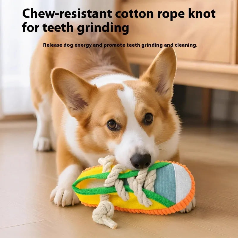 Plastic dog chew toy with bends and hitches in yellow, black or blue for molar cleaning