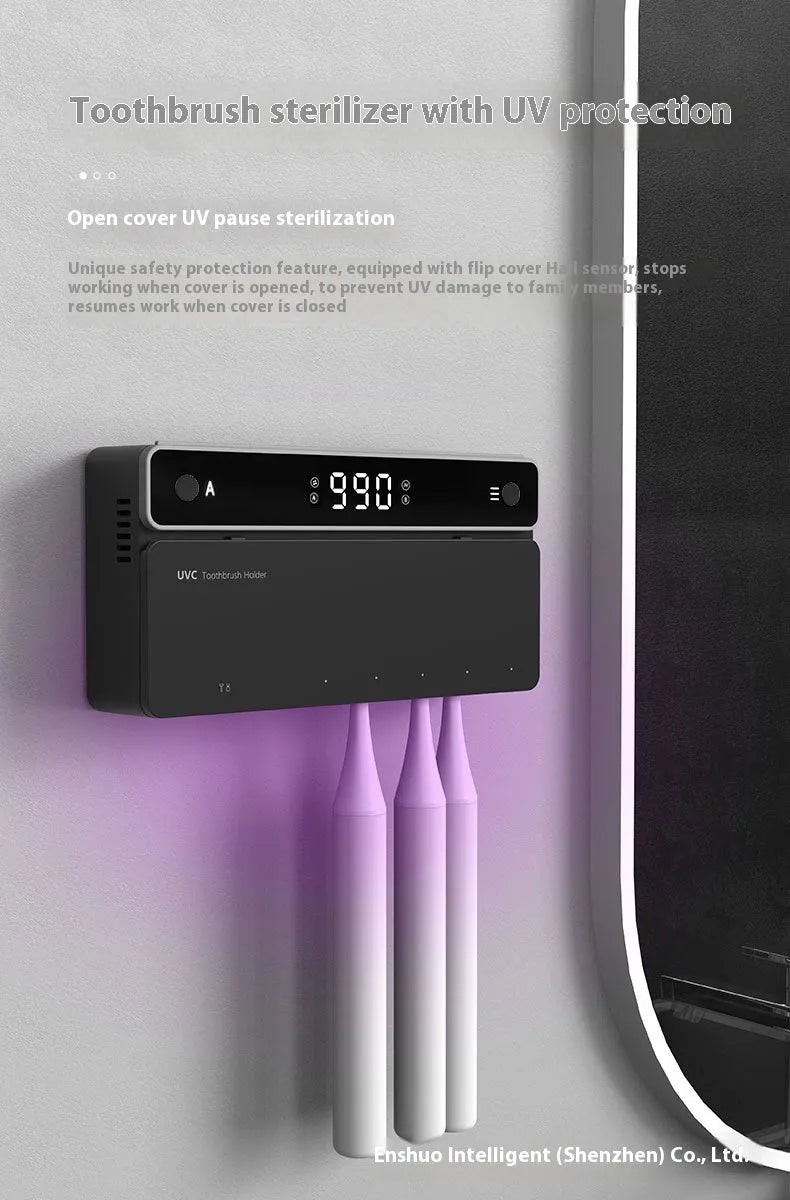 Black wall-mounted toothbrush sterilizer with UV disinfection, automatic drying, and drill-free 3M adhesive fitting