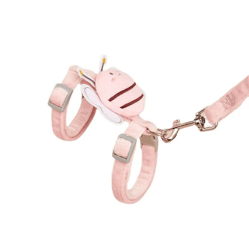 Bee-shaped pink cat harness and matching rope lead on a white background