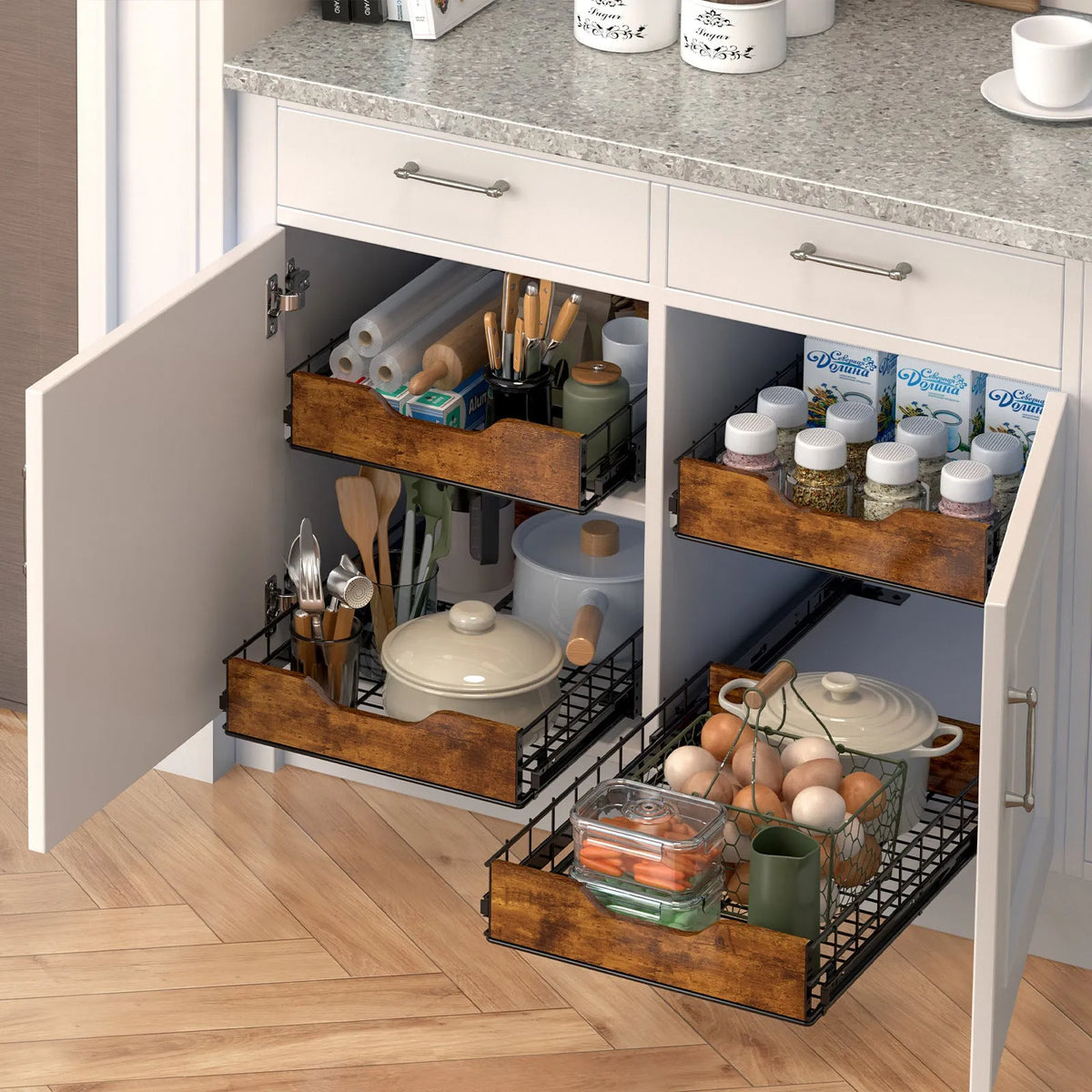 Black household storage rack with pull basket, made from wood and iron, for kitchen and pantry organisation.