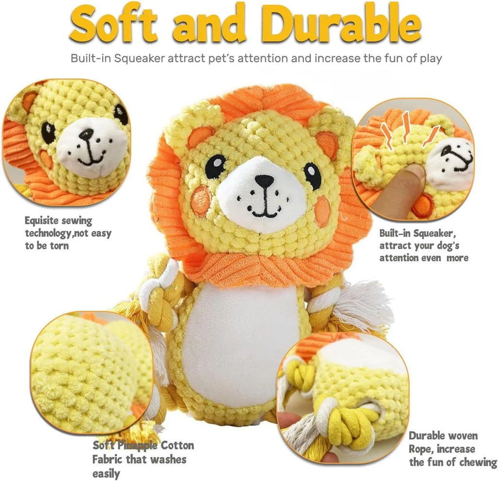 Lion and monkey stuffed squeaky dog toys with soft plush material and internal squeakers for medium to large breed dogs