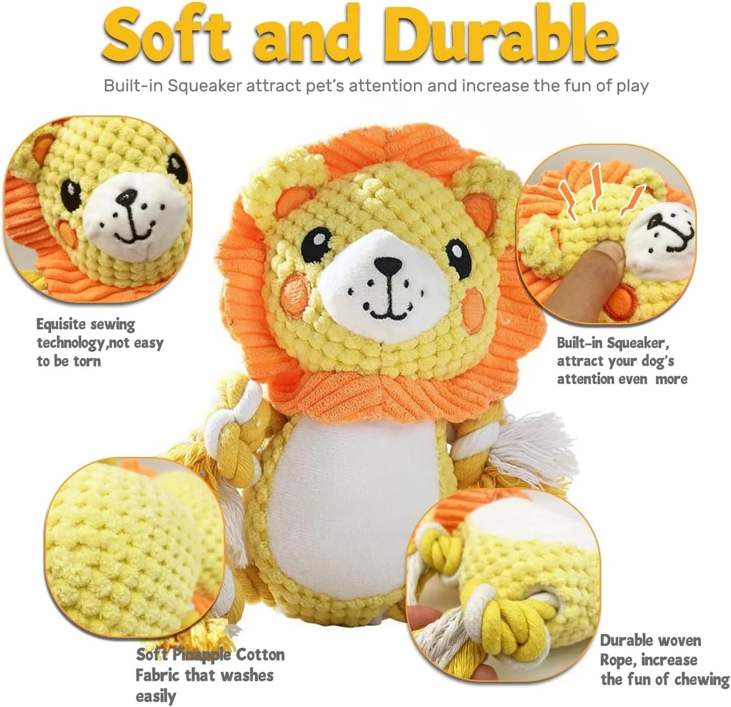 Lion and monkey stuffed squeaky dog toys with soft plush material and internal squeakers for medium to large breed dogs