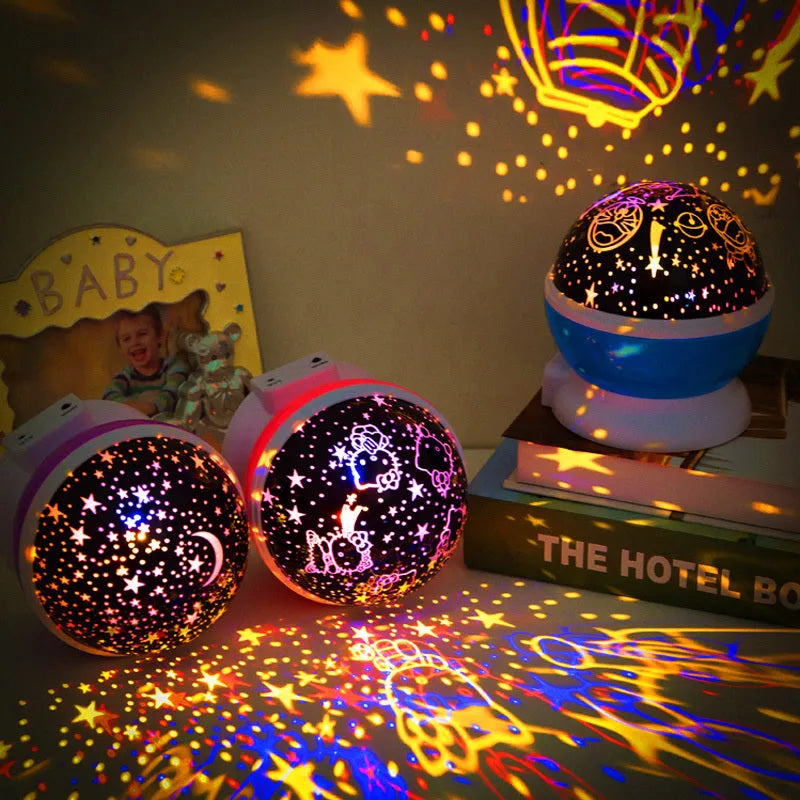 LED projector light in use showing starry sky projection, 14.5x13cm bedside table lamp with USB or battery power