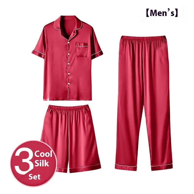 Men's ice silk three-piece home wear set showing shorts and trousers in a choice of colours.