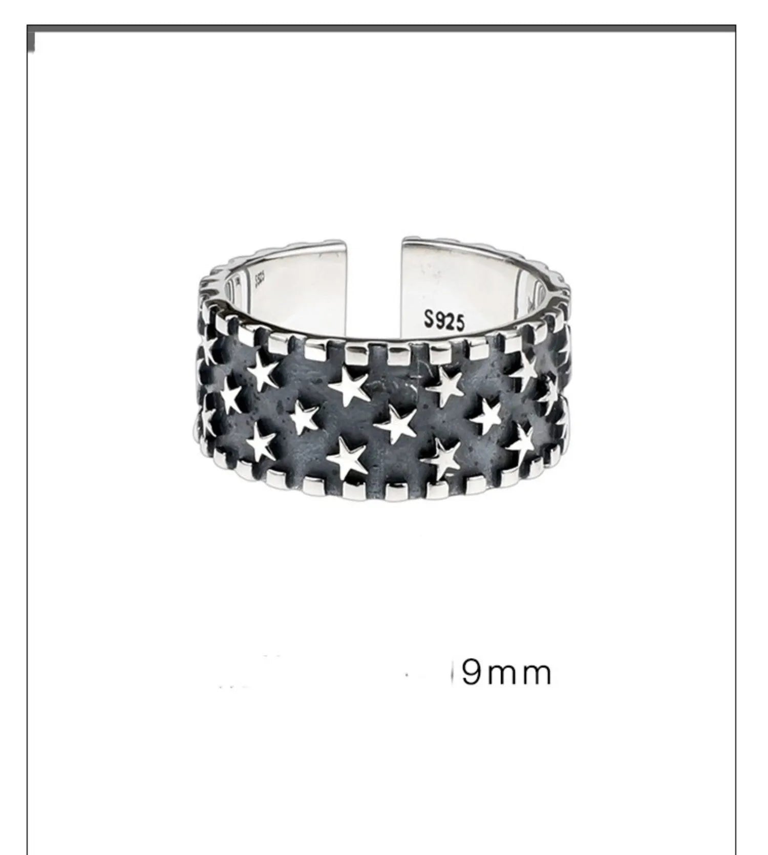 Adjustable opening sterling silver ring with a five-pointed star geometric design.