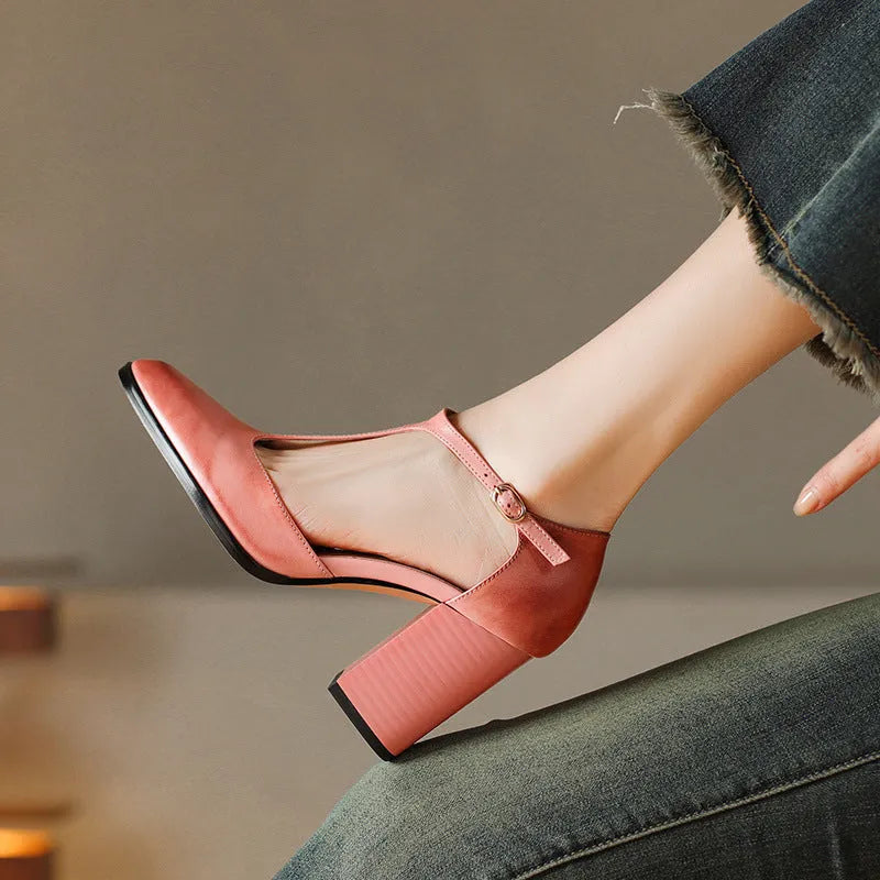 Baotou hollow retro pointed toe Mary Jane shoes in dark brown with buckle fastening