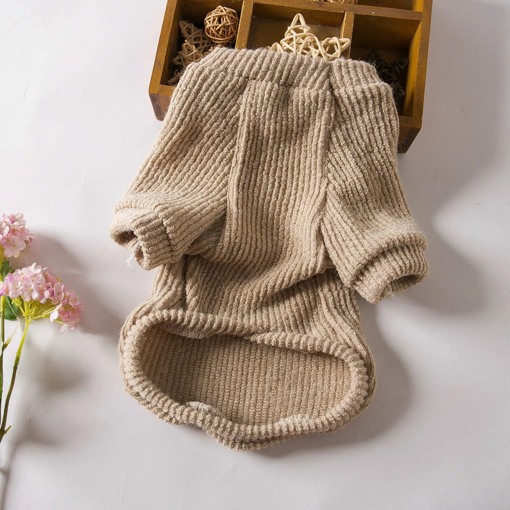 Brown knitted dog sweater pullover for small breeds like Bichon or Pomeranian on a white background