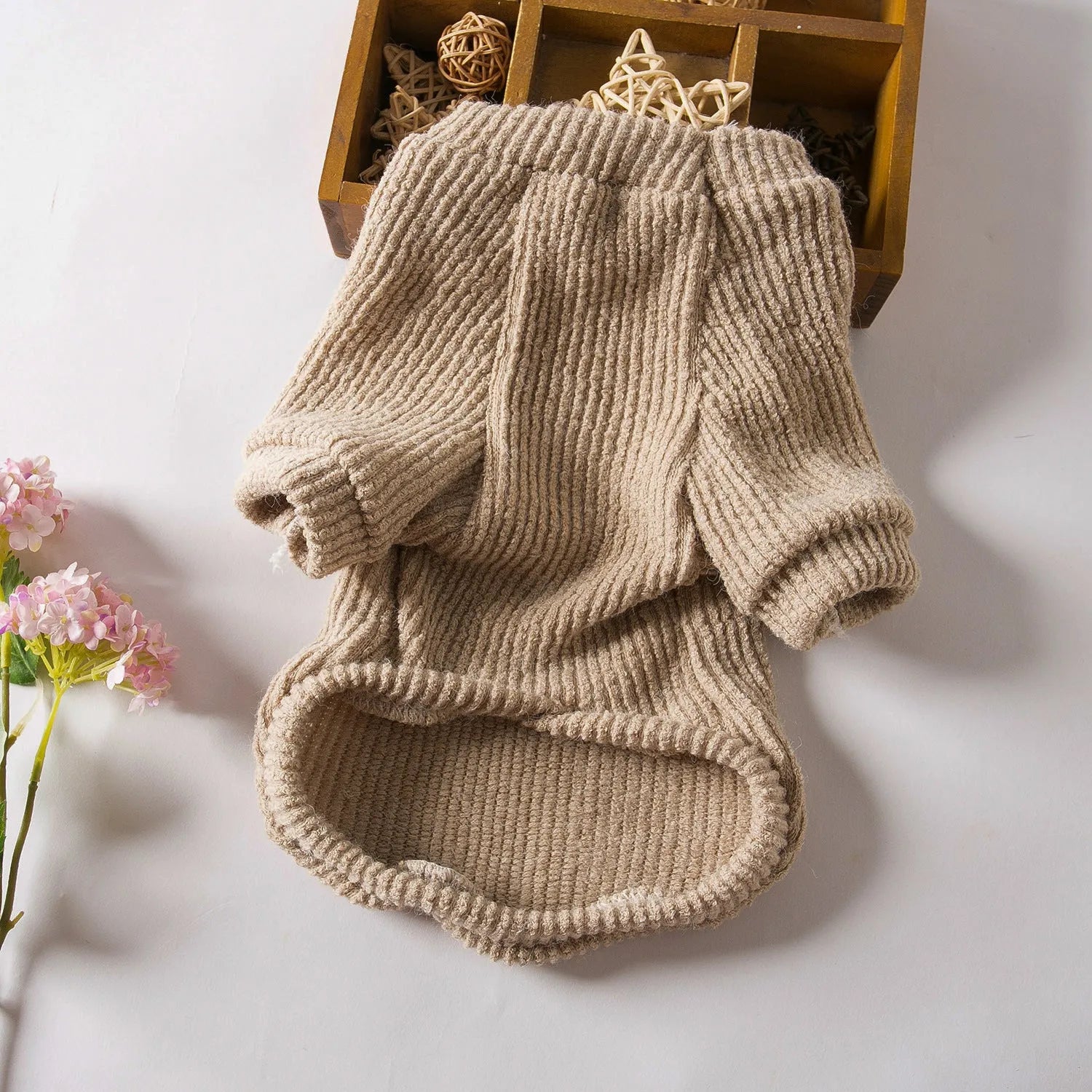 Brown knitted dog sweater pullover for small breeds like Bichon or Pomeranian on a white background
