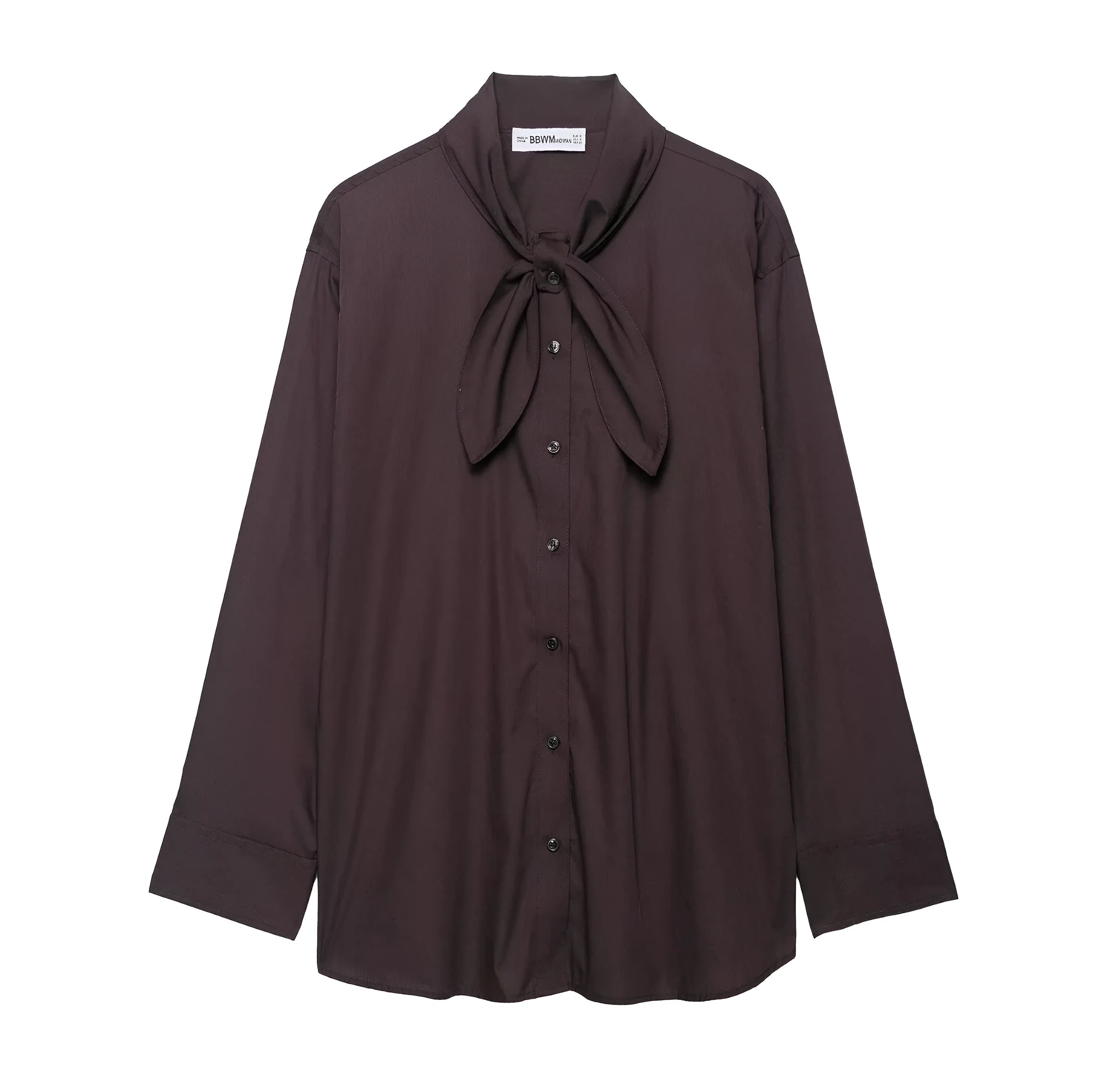 Brown women's long sleeve poplin shirt with a bow tie, shown in a loose cardigan style.