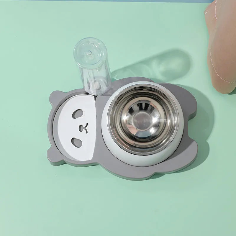 Elevated pet bowl set with panda design, stainless steel dish, and automatic water dispenser bottle