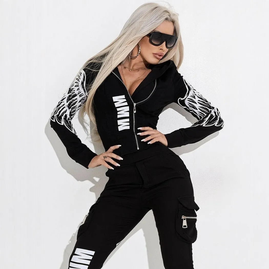 Black women's casual street suit with wings printing pattern, hooded jacket and trousers set